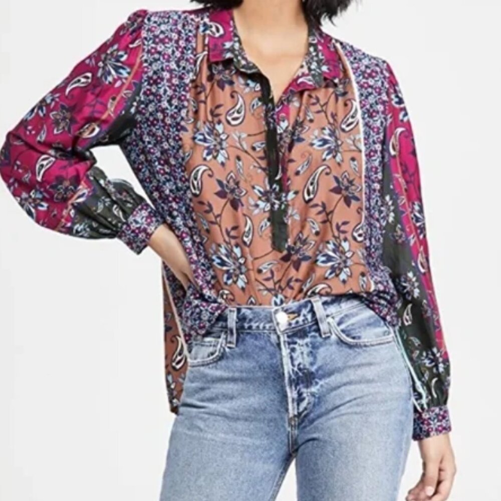 XiRENA Kiera Patchwork Cotton Silk Popover Top Small